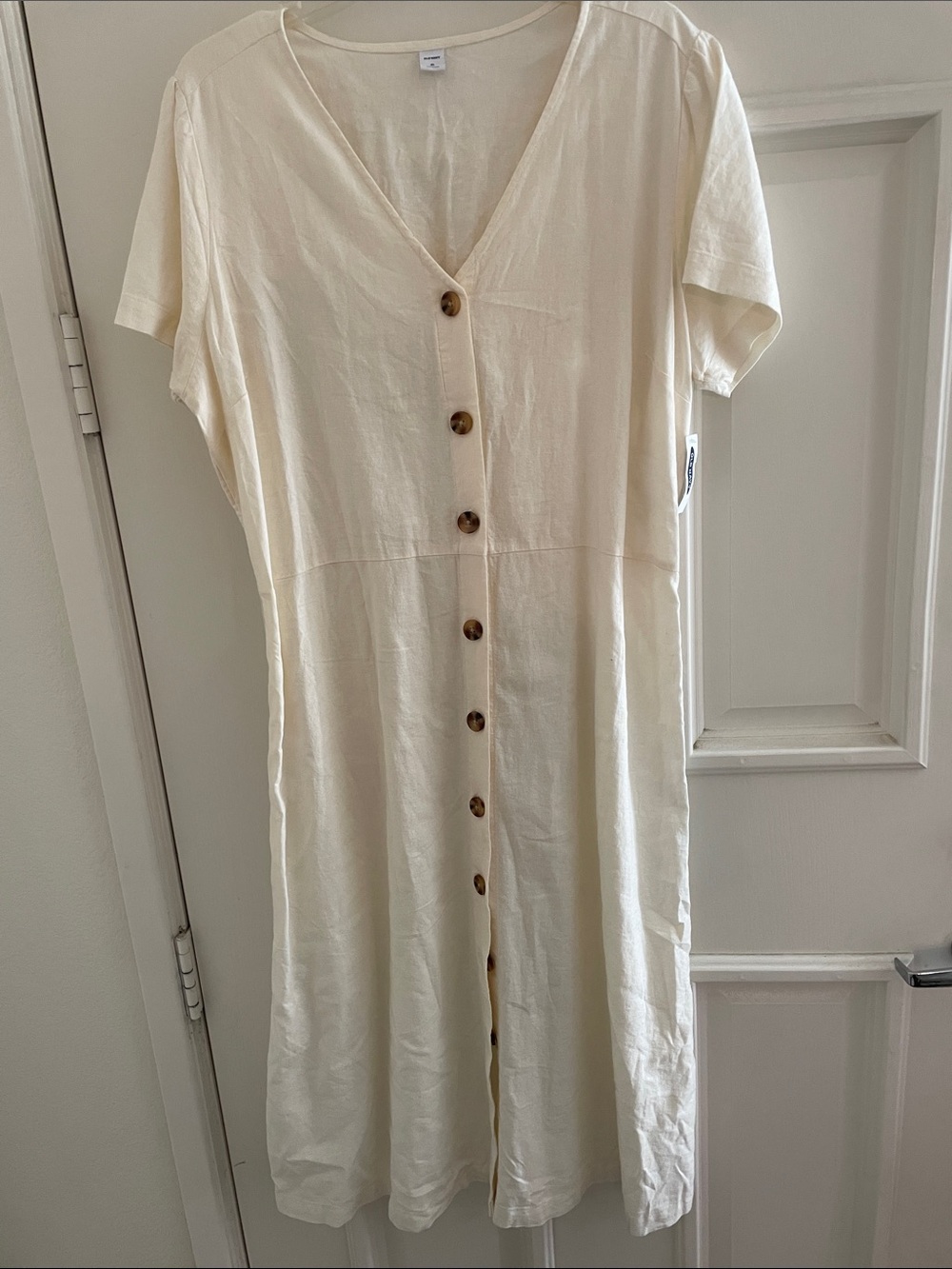 Linen  Maxi Dress Cream V-Neck Button Down Front  Sz XL New